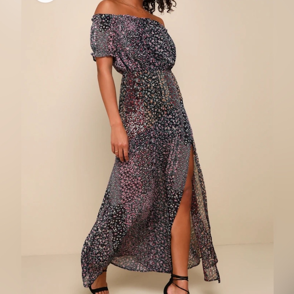 Lulus Womens Maxi Dress Floral Chiffon Off Shoulder Medium
